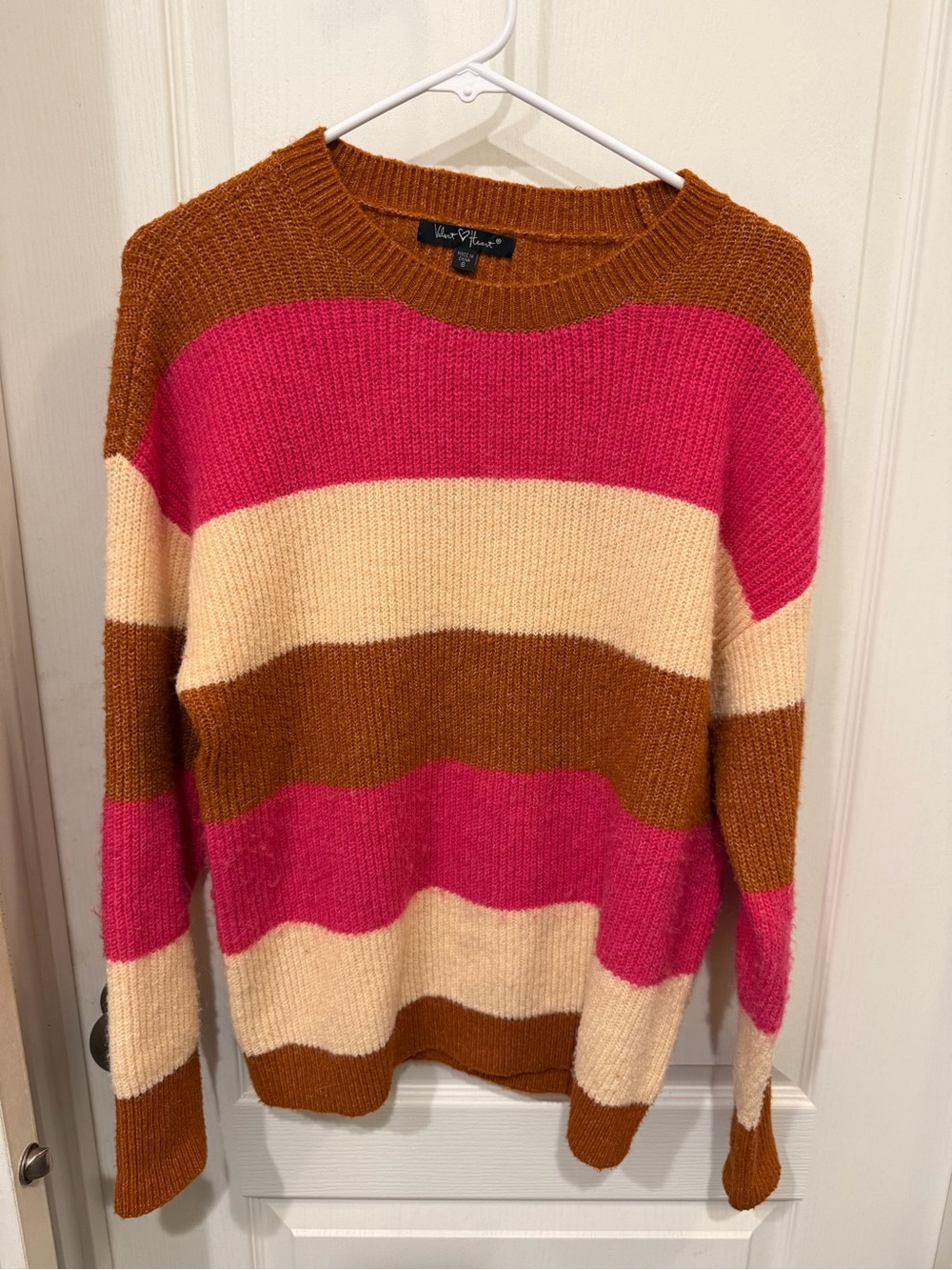 Velvet Heart Striped Crewneck Sweater - Hot Pink, Cream & Brown